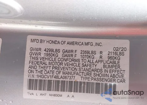 2020 Honda Accord Ex z USA, uszkodzony, nr VIN 1HGCV1F48LA067377